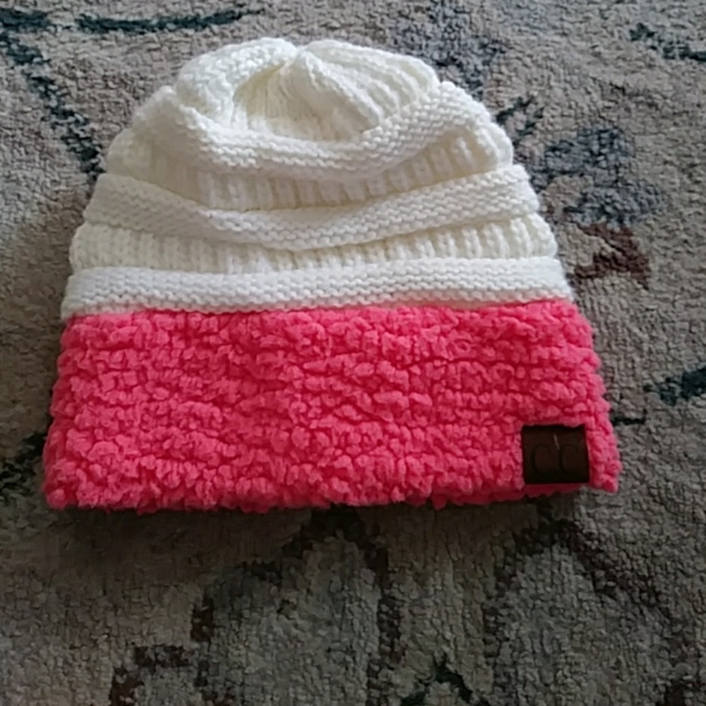 White and pink beanie hat